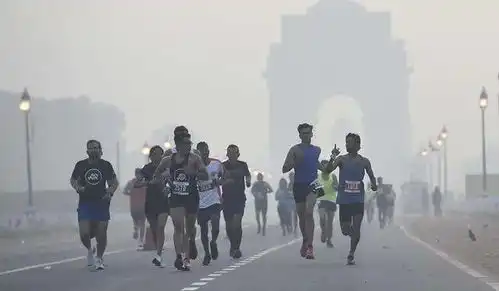 印度雾霾天举行马拉松选手不戴口罩,猴子和人一起跑
