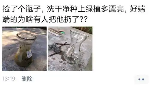 开心一刻捡了个瓶子,洗干净种上绿植多好看,为啥有人就把它抛弃了
