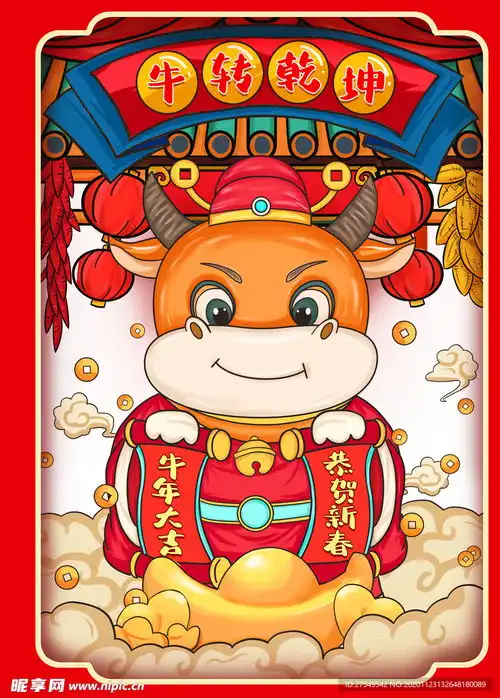 创意生肖牛拟人财神爷手绘卡通设计图

