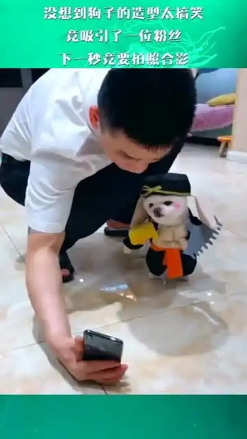 没想到狗子的造型太搞笑,竟吸引了一位粉丝,下一秒竟要拍照合影
