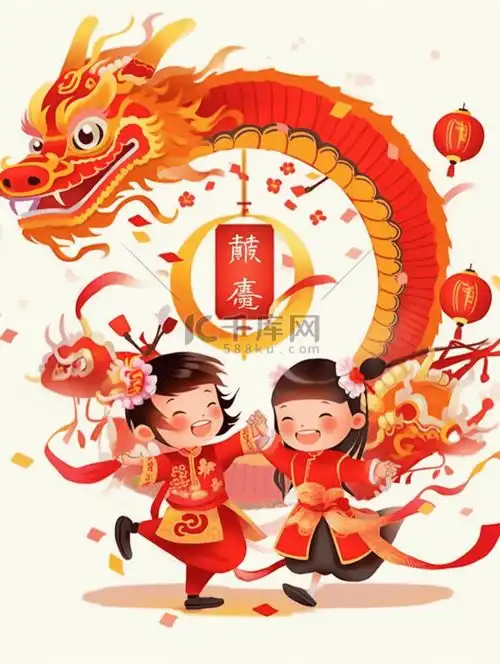 龙年春节舞龙挂灯笼小孩欢乐玩耍过年插画图片千库网
