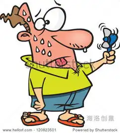 sweatingcartoonmandyingofheatandusingaminifan
